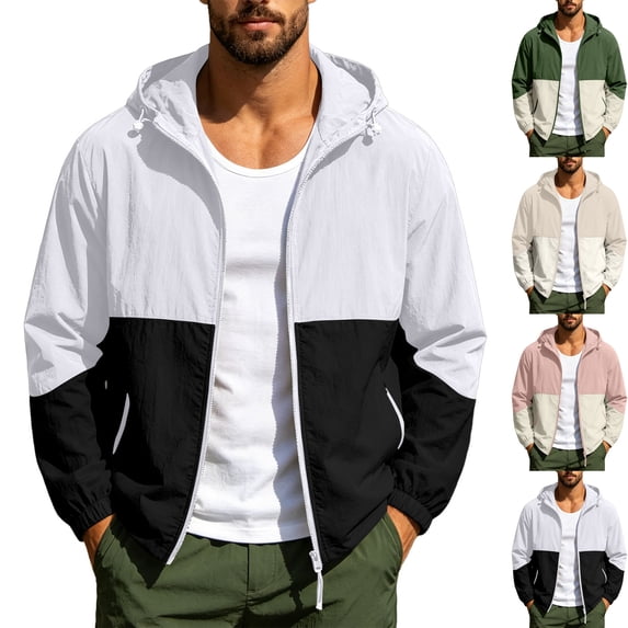 Men's Lightweight Sun Protection Windbreaker Hooded Athletic Color Block Running Shell Jacket Coat with Zipper Pockets for Hiking Running, White, XXXL