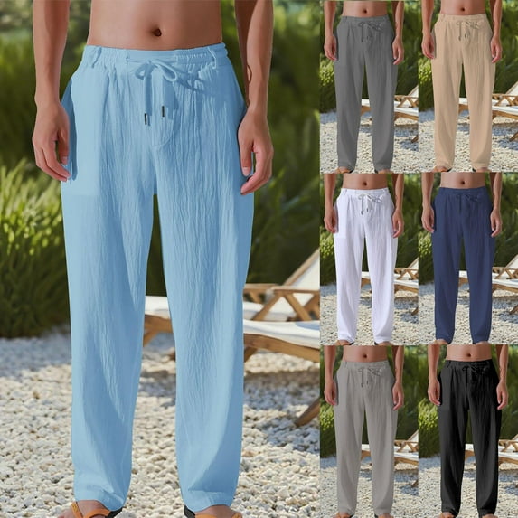 Men's Lightweight Sweatpants Loose Fit Linen Tightness Waist Broad Legs Long Athletic Pants with Pockets Plus Size Trousers Blue M-3XL