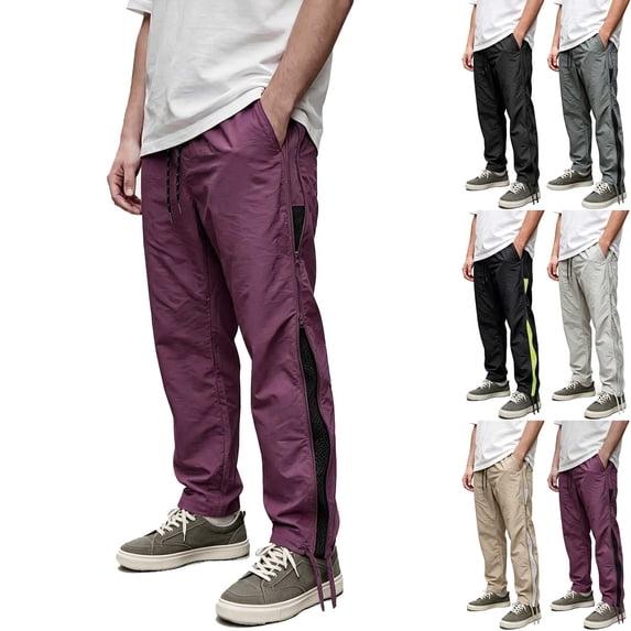 Men's Lightweight Track Pants with Side Zipper Mesh Vents Loose Fit Open Bottom Athletic Pants Drawstring for Running Workout, Purple, XXL
