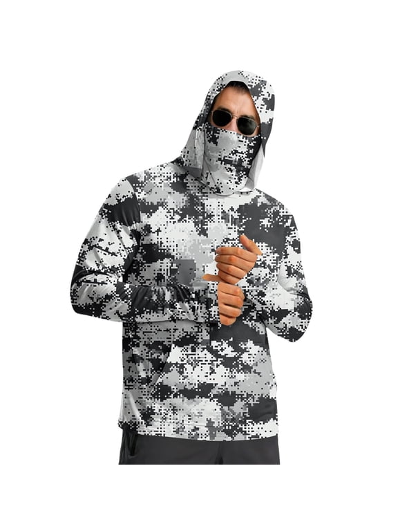 Men's Lightweight UPF 50+ Sun Skin Jacket Regular Fit Printed Hooded Long Sleeve with Face Covering Breathable Quick Dry UV Top for Summer Beach and Hiking Camouflage M