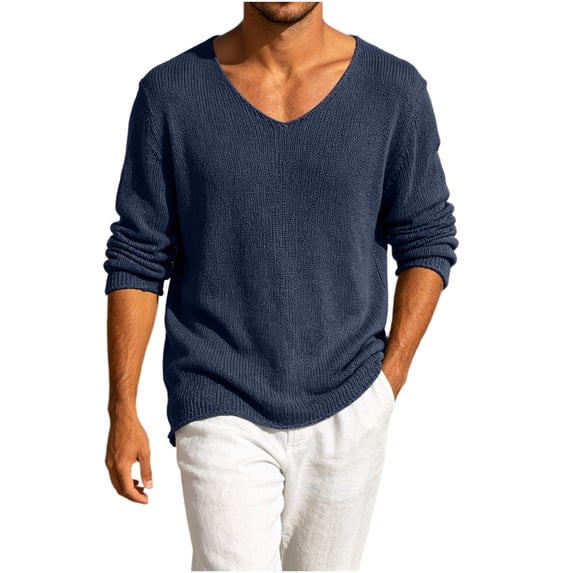Men's Lightweight V-Neck Open Knit Linen Blend Sweater, Breathable Loose Fit Spring Summer Beach Pullover, Sweaters for Men 2XL