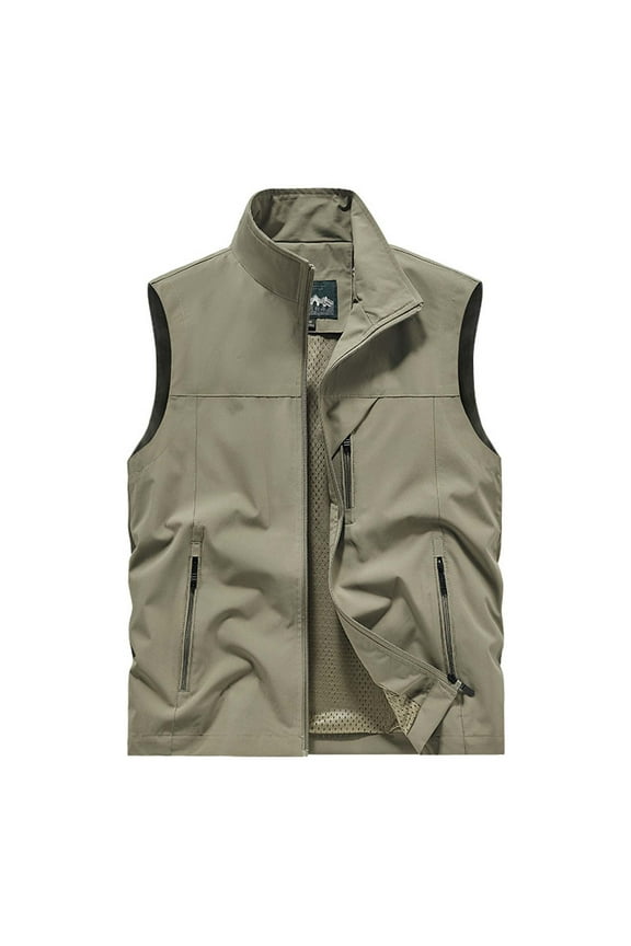 Men's Lightweight Vests Sleeveless Outdoor Work Jackets with Zipper Pockets for Travel Hiking Running Golf Khaki 4XL