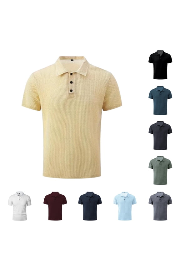 Men's Lightweight Waffle Knit Polo Shirt, Short Sleeve Classic Casual Collared Top for Summer Comfort Beige L