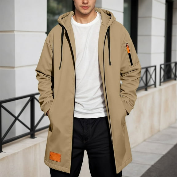 Men's Lightweight Waterproof Hooded Softshell Rain Jacket Long Windbreaker (Khaki S)