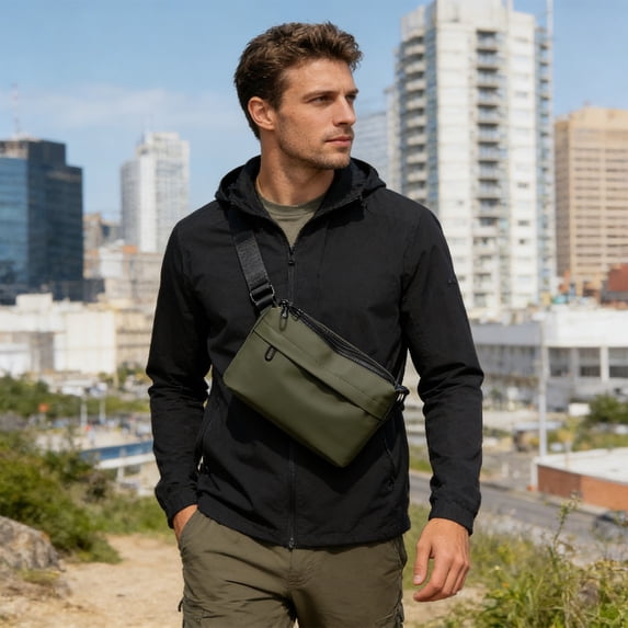 Men's Lightweight Waterproof Nylon Crossbody Chest Bag with Reversible Shoulder Strap, Multifunctional Outdoor Sports Sling Backpack with Headphone Port, Spacious Durable Bag for Travel Daily Use