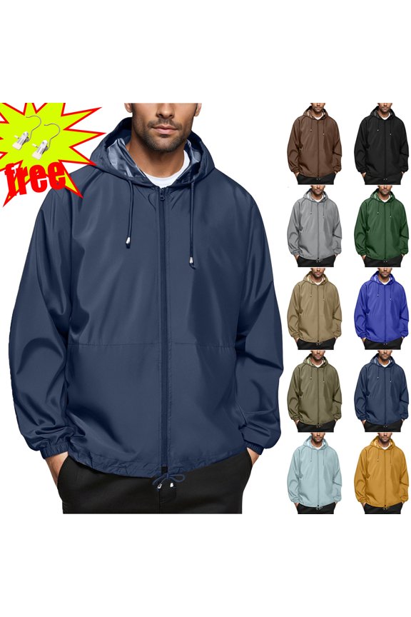 Men's Lightweight Waterproof Rain Jacket Ndbuld Men's Solid Color Outdoor Water Proofing Climb Sport Run Pocket Zipper Long Sleeved Hooded Navy XL