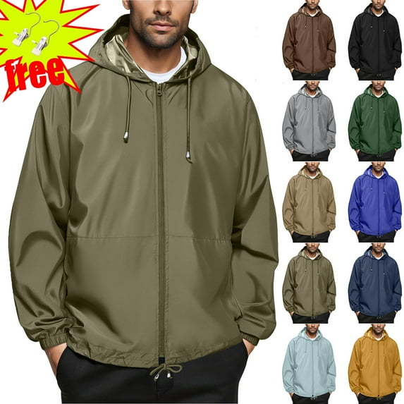 Men's Lightweight Waterproof Rain Jacket Ndbuld Men's Solid Color Outdoor Water Proofing Climb Sport Run Pocket Zipper Long Sleeved Hooded Army Green XL
