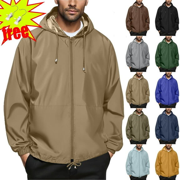 Men's Lightweight Waterproof Rain Jacket Ndbuld Men's Solid Color Outdoor Water Proofing Climb Sport Run Pocket Zipper Long Sleeved Hooded Khaki L