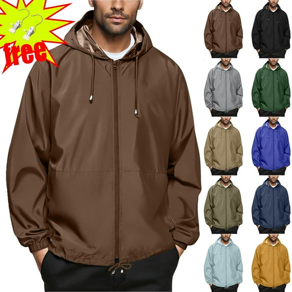 Men's Lightweight Waterproof Rain Jacket Ndbuld Men's Solid Color Outdoor Water Proofing Climb Sport Run Pocket Zipper Long Sleeved Hooded Brown L
