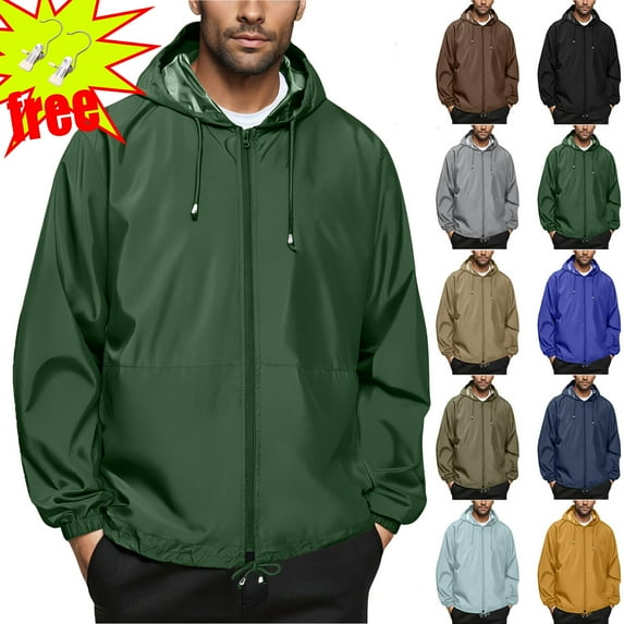 Men's Lightweight Waterproof Rain Jacket Ndbuld Men's Solid Color Outdoor Water Proofing Climb Sport Run Pocket Zipper Long Sleeved Hooded Green XL