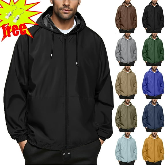 Men's Lightweight Waterproof Rain Jacket Ndbuld Men's Solid Color Outdoor Water Proofing Climb Sport Run Pocket Zipper Long Sleeved Hooded Black XL