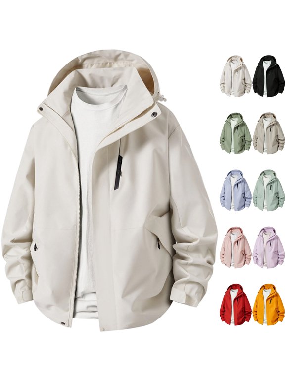 Men's Lightweight Windbreaker Hooded Rain Jacket with Adjustable Cuffs Windproof Tech Shell Coat with Zipper Pockets for Hiking Camping Travel, Beige, S