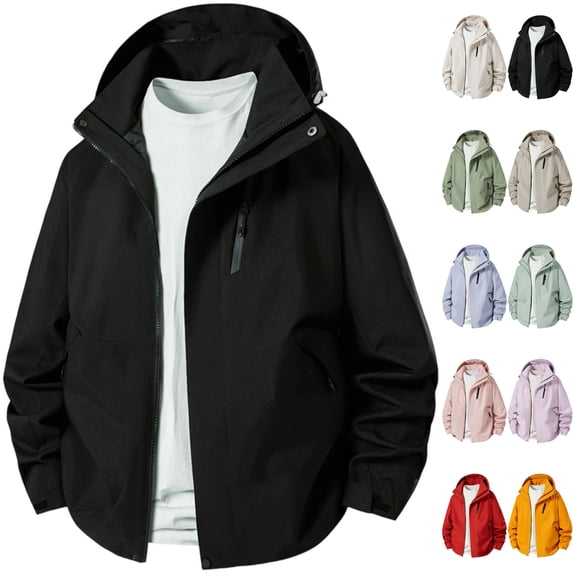 Men's Lightweight Windbreaker Hooded Rain Jacket with Adjustable Cuffs Windproof Tech Shell Coat with Zipper Pockets for Hiking Camping Travel, Black, XL