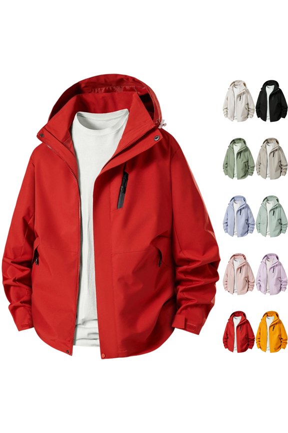 Men's Lightweight Windbreaker Hooded Rain Jacket with Adjustable Cuffs Windproof Tech Shell Coat with Zipper Pockets for Hiking Camping Travel, Red, M