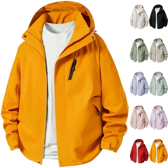 Men's Lightweight Windbreaker Hooded Rain Jacket with Adjustable Cuffs Windproof Tech Shell Coat with Zipper Pockets for Hiking Camping Travel, Yellow, S