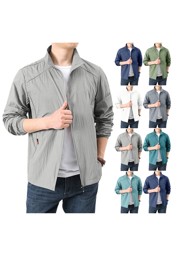 Men's Lightweight Windbreaker Jacket with Stand Collar and Zippered Pockets Featuring Full Zip Design Dark Blue L
