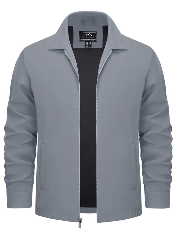 Men's Lightweight Windbreaker Jackets Full Zip Up Stylish Coat Business Casual Laydown Collar Work Dress with Zip Pockets Light Gray L