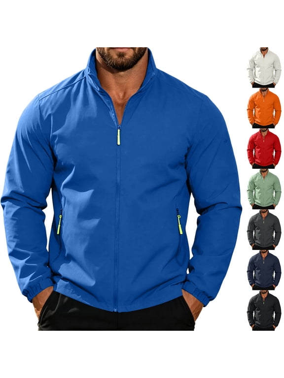 Men's Lightweight Windbreaker Jackets Long Sleeve Stand Collar Full Zipper Waterproof Rain Coat Outdoor Hiking Jacket, XL