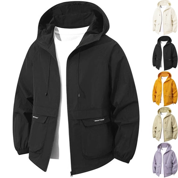 Men's Lightweight Windbreaker Sun Protection Hooded Zip Up Jacket Active Outdoor Shell with Utility Flap Pockets for Hiking Travel, Black, XL