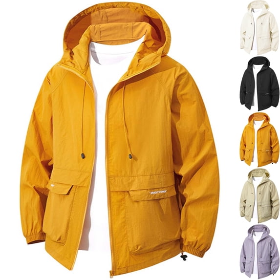 Men's Lightweight Windbreaker Sun Protection Hooded Zip Up Jacket Active Outdoor Shell with Utility Flap Pockets for Hiking Travel, Gold, XXXL