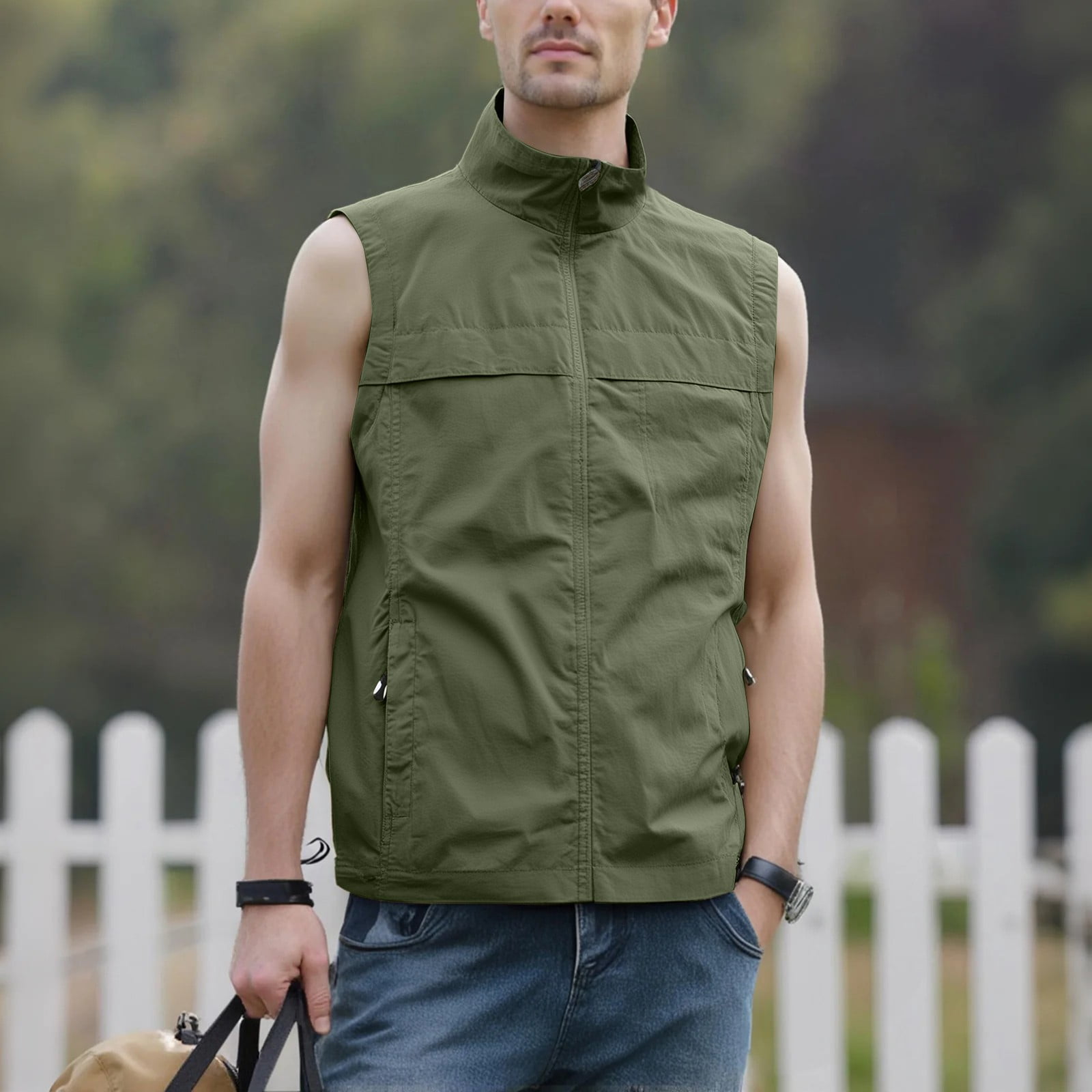 Men's Lightweight Windproof Golf Vest - Softshell Sleeveless Sports Jacket with Zipper Pockets, Breathable Outdoor Utility Vest for Running, Hiking, Fishing & Traveling (Army Green, XL)