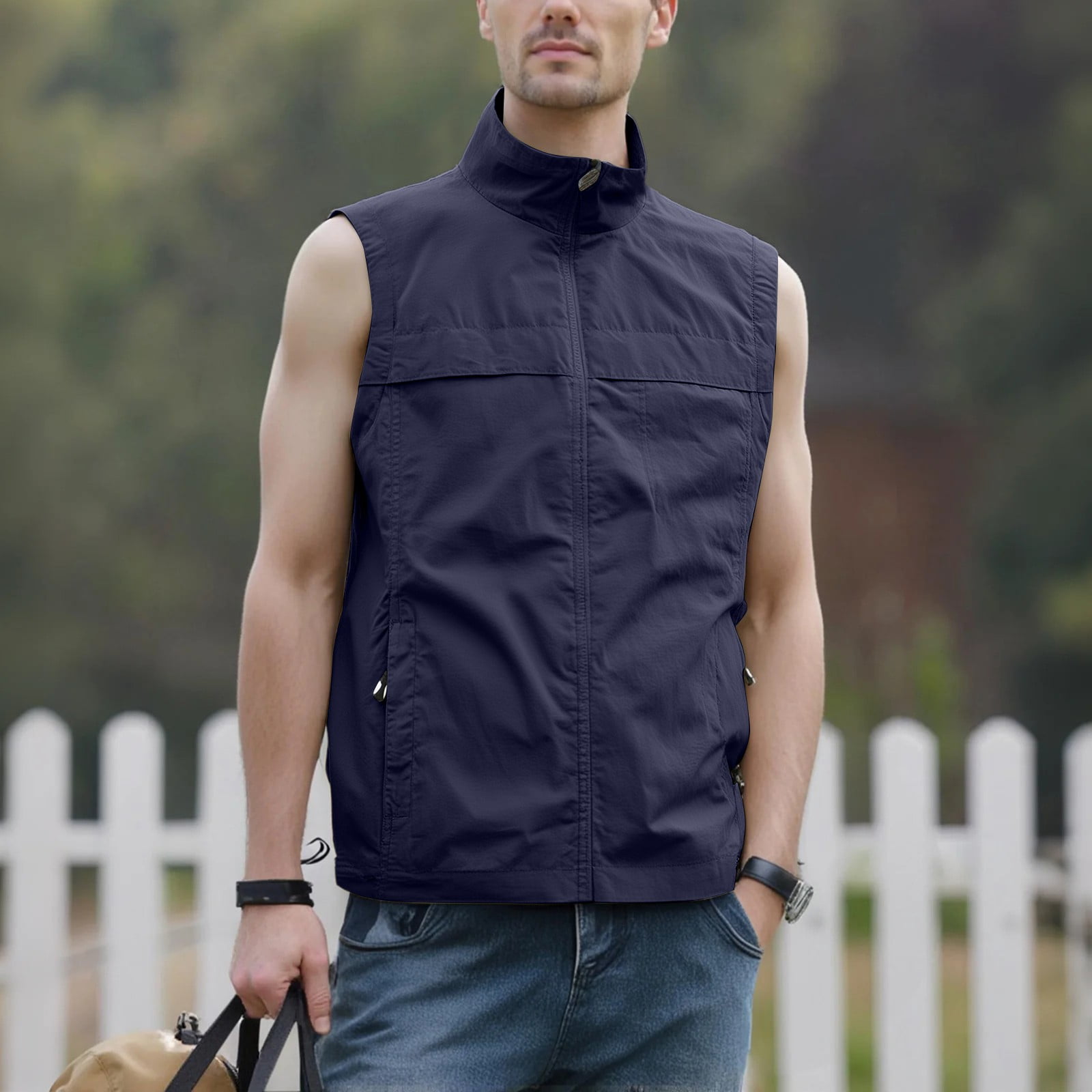 Men's Lightweight Windproof Golf Vest - Softshell Sleeveless Sports Jacket with Zipper Pockets, Breathable Outdoor Utility Vest for Running, Hiking, Fishing & Traveling (Dark Blue, M)