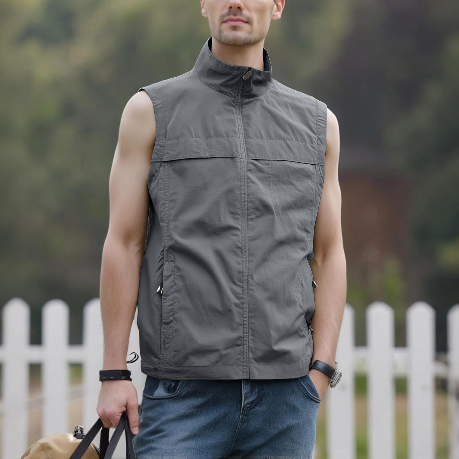 Men's Lightweight Windproof Golf Vest - Softshell Sleeveless Sports Jacket with Zipper Pockets, Breathable Outdoor Utility Vest for Running, Hiking, Fishing & Traveling (Gray, L)