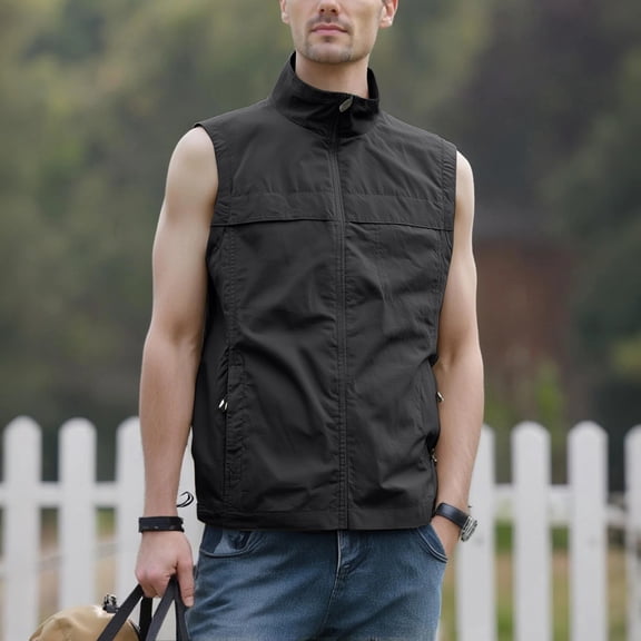 Men's Lightweight Windproof Golf Vest - Softshell Sleeveless Sports Jacket with Zipper Pockets, Breathable Outdoor Utility Vest for Running, Hiking, Fishing & Traveling (Black, L)
