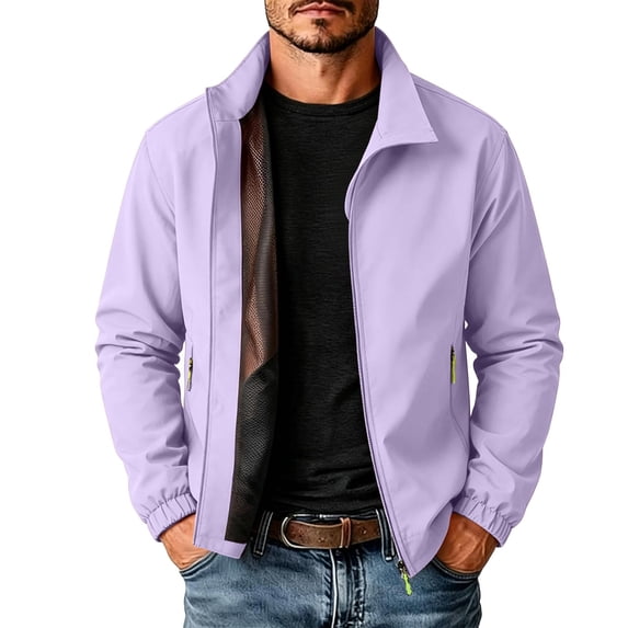 Men's Lightweight Windproof Outdoor Track Jacket Windbreaker, Mesh Lined Stand Collar Long Sleeve Coat with Zipper Pockets for Hiking Cycling Commute Travel