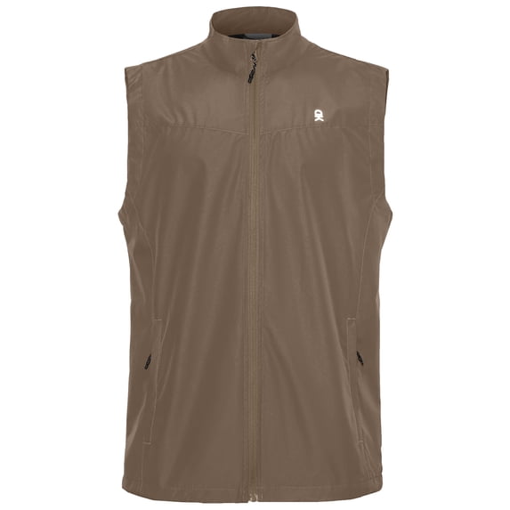 Men's Lightweight Windproof Sleeveless Golf Vest Full Zip Stand Collar Athletic Gilet with Reflective Print Rear Zipper Pocket Dark Brown S