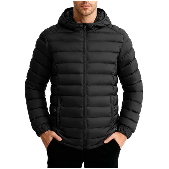 Men's Lightweight Winter Coats Solid Color Hooded Puffer Jacket Winter Warm Down Jackets with Zipper Pockets