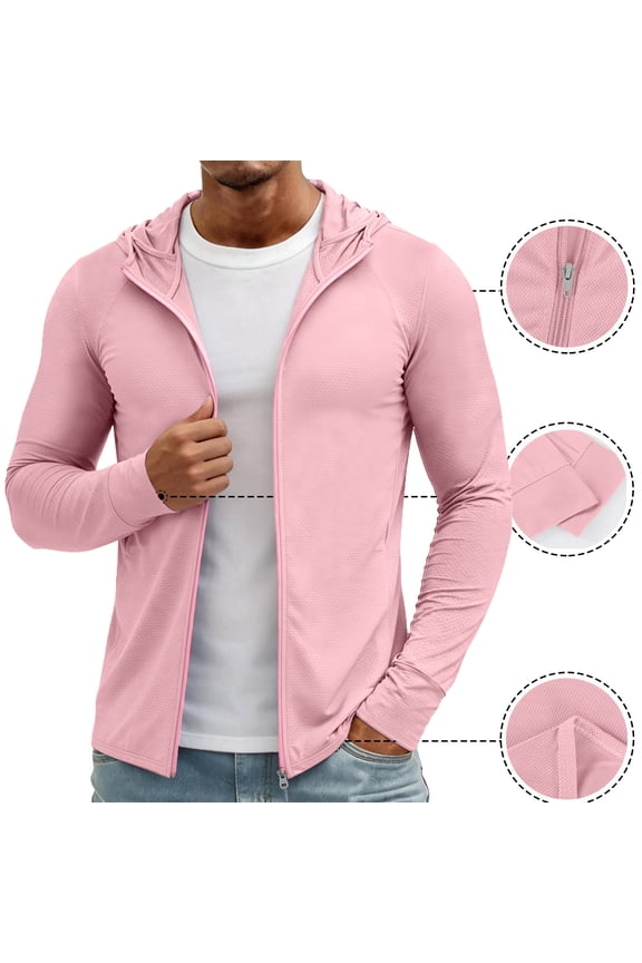 Men's Lightweight Zip Up Hooded Sun Protection Jacket, Breathable Long Sleeve Outdoor Cover Up, Casual Active Windbreaker for Cycling Hiking and Fishing