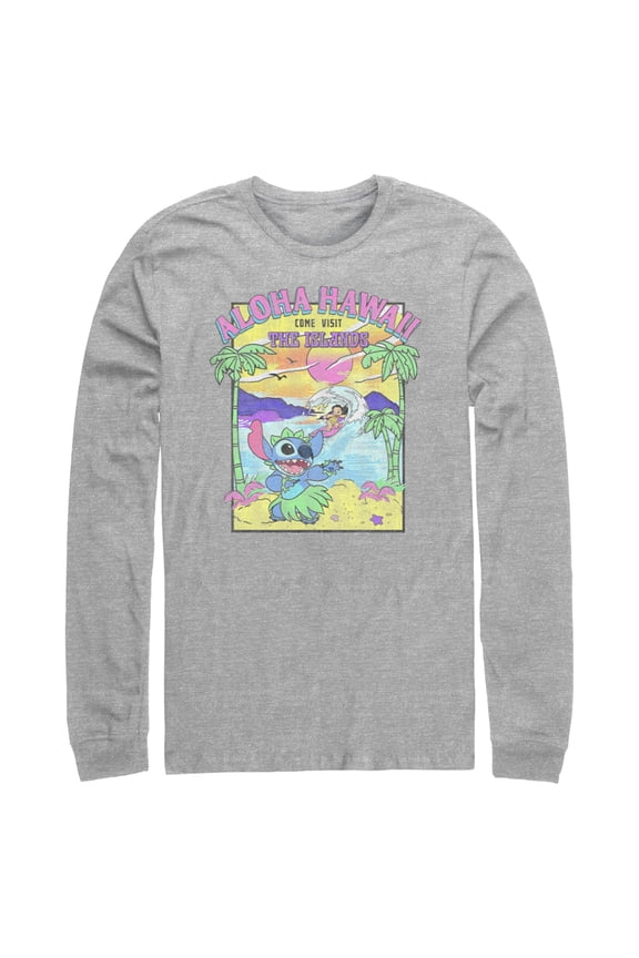 Men's Lilo & Stitch Aloha Hawaii Come Visit the Islands Long Sleeve Shirt Athletic Heather Small