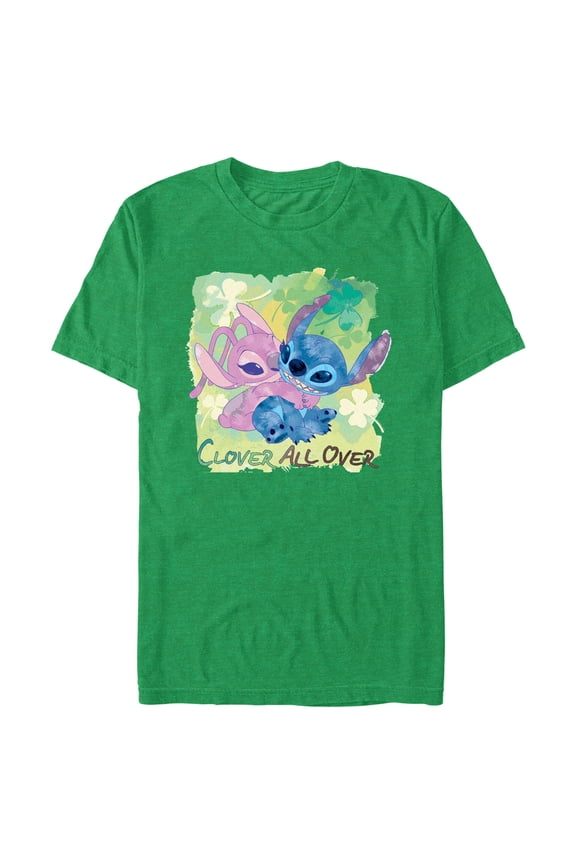Men's Lilo & Stitch Clover All Over Graphic Tee Kelly Heather Large