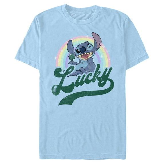 Men's Lilo & Stitch Distressed Lucky Wink Graphic Tee Light Blue 2X Large