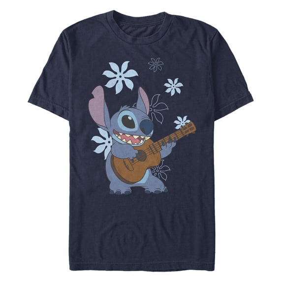 Men's Lilo & Stitch Floral Ukulele Dance Graphic Tee Navy Blue Small