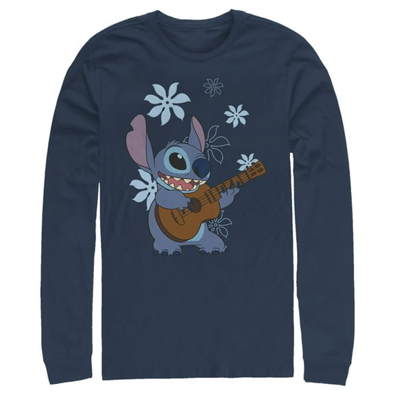 Men's Lilo & Stitch Floral Ukulele Dance  Long Sleeve Shirt Navy Blue Medium