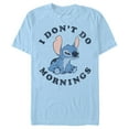 thumbnail image 1 of Men's Lilo & Stitch I Don't Do Mornings Stitch Distressed  Graphic Tee Light Blue Small, 1 of 4