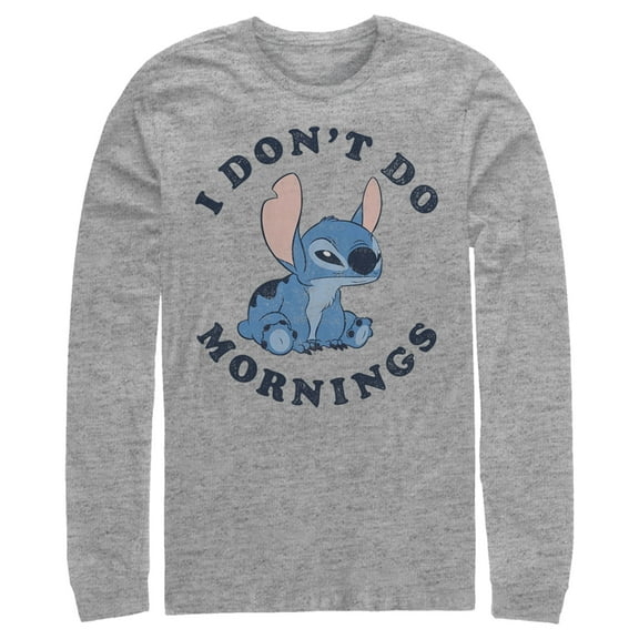 Men's Lilo & Stitch I Don't Do Mornings Stitch Distressed  Long Sleeve Shirt Athletic Heather Medium