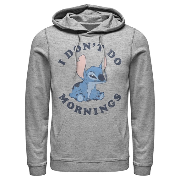 Men's Lilo & Stitch I Don't Do Mornings Stitch Distressed Pull Over Hoodie Athletic Heather 2X Large