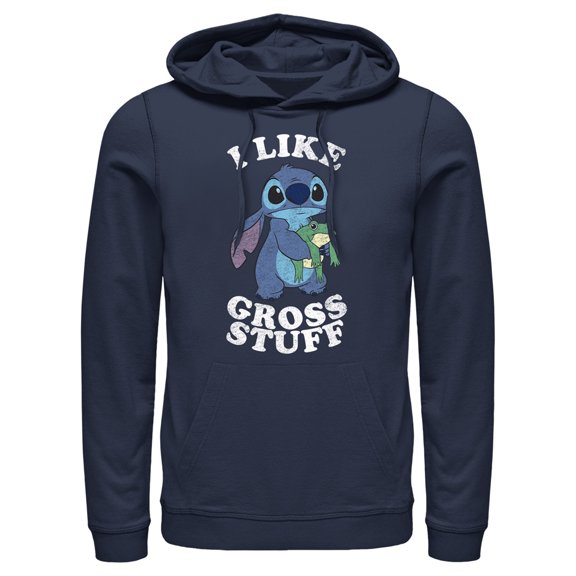 Men's Lilo & Stitch I Like Gross Stuff Stitch Distressed Pull Over Hoodie Navy Blue Large