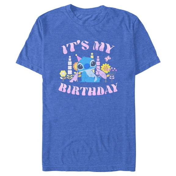 Men's Lilo & Stitch It's My Birthday Distressed Graphic Tee Royal Blue Heather X Large