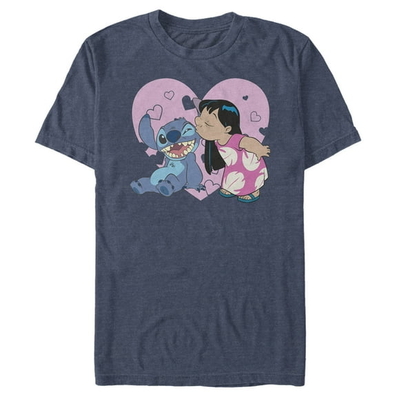 Men's Lilo & Stitch Kisses  Graphic Tee Navy Blue Heather Large