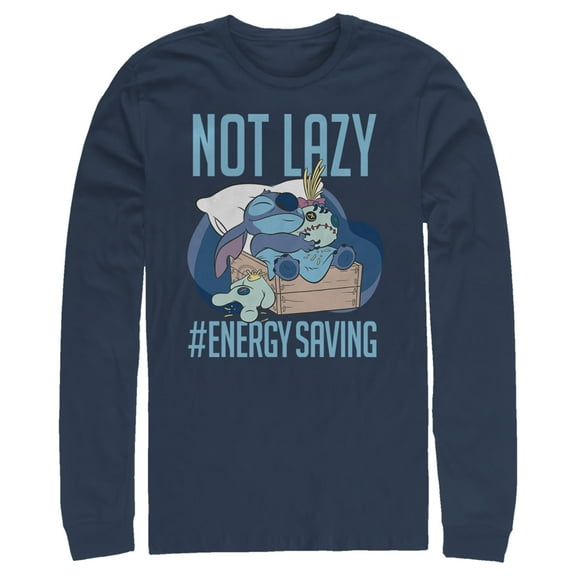 Men's Lilo & Stitch Not Lazy, Saving Energy  Long Sleeve Shirt Navy Blue Medium