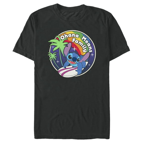 Men's Lilo & Stitch Ohana Means Family Rainbow Surfer Stitch  Graphic Tee Black 2X Large
