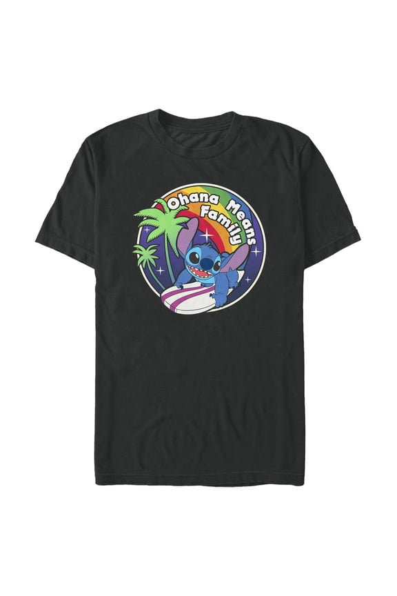 Men's Lilo & Stitch Ohana Means Family Rainbow Surfer Stitch Graphic Tee Black Medium