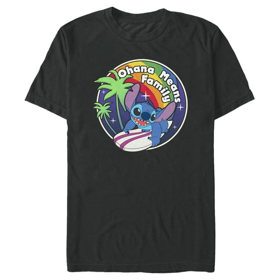 Men's Lilo & Stitch Ohana Means Family Rainbow Surfer Stitch Graphic Tee Black X Large