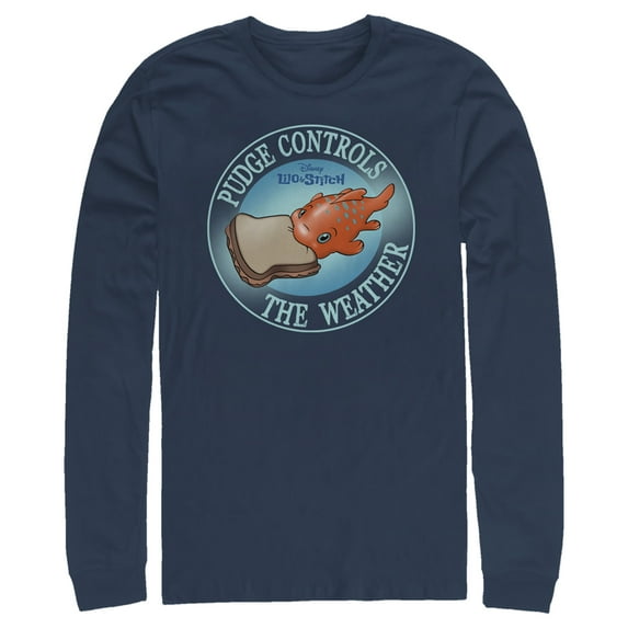 Men's Lilo & Stitch Pudge Controls the Weather Long Sleeve Shirt Navy Blue Medium