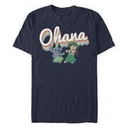 Mens Lilo & Stitch Rainbow Ohana Hula Dance Graphic Tee Navy Blue 2X Large