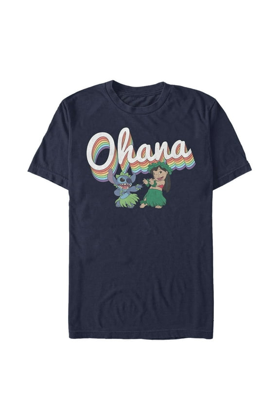 Men's Lilo & Stitch Rainbow Ohana Hula Dance Graphic Tee Navy Blue Large